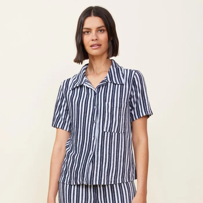 MONROW TEES Stripe Terry Cloth Pocket Shirt Navy Stripe 8211 Shop