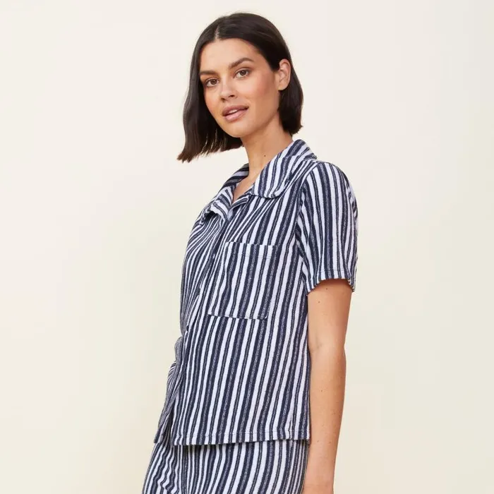 MONROW TEES Stripe Terry Cloth Pocket Shirt Navy Stripe 8211 Shop