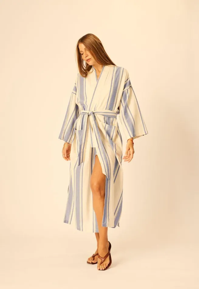 Natalie Martin DIANE LONG ROBE French Stripe Blue Shop Coverups