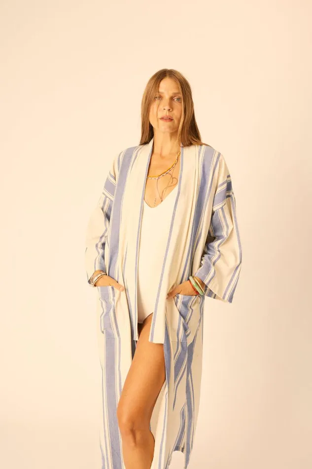 Natalie Martin DIANE LONG ROBE French Stripe Blue Shop Coverups