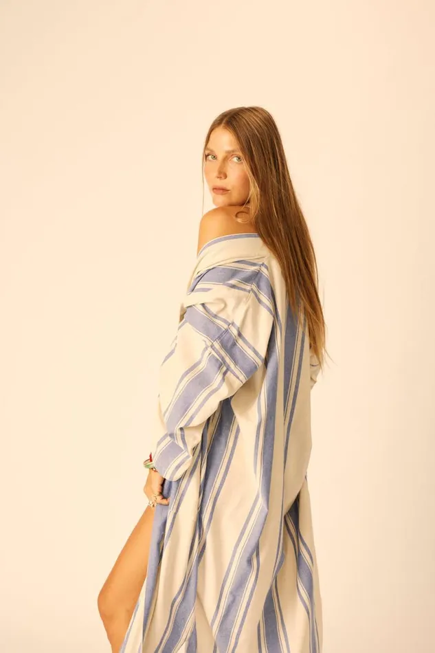 Natalie Martin DIANE LONG ROBE French Stripe Blue Shop Coverups