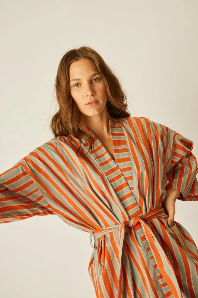 Natalie Martin DIANE SHORT ROBE Batik Stripe Sage Shop Dresses