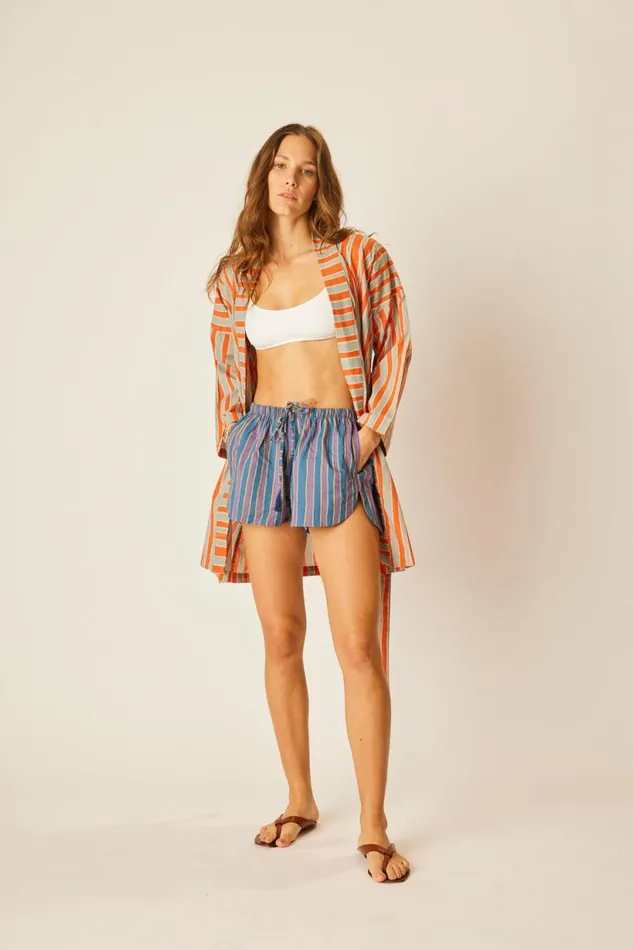 Natalie Martin DIANE SHORT ROBE Batik Stripe Sage Shop Dresses