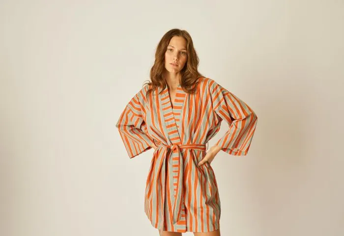 Natalie Martin DIANE SHORT ROBE Batik Stripe Sage Shop Dresses