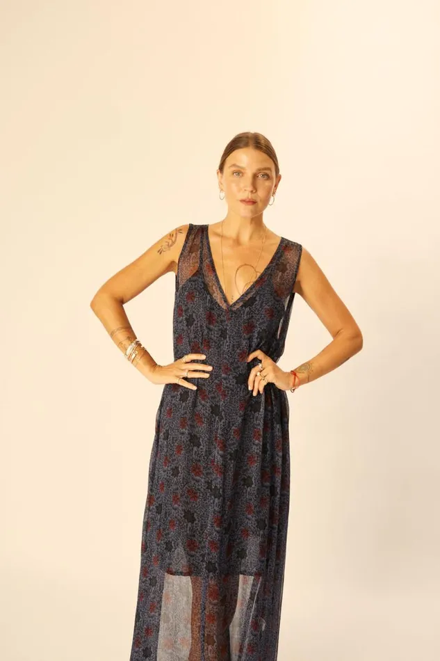 Natalie Martin TOVA MAXI Snowflake Steel Blue Shop Dresses