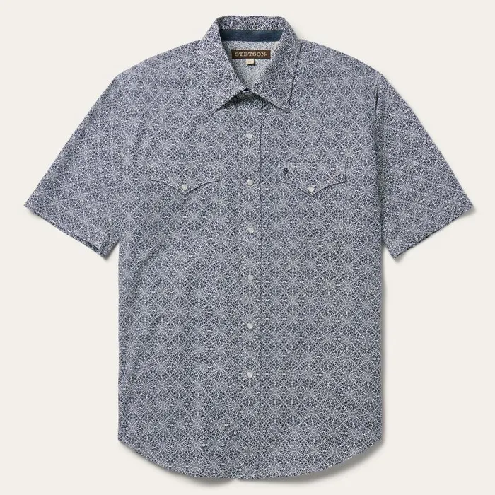 Navy Print Short Sleeve Western Shirt Blue Men Stetson Western Shirts