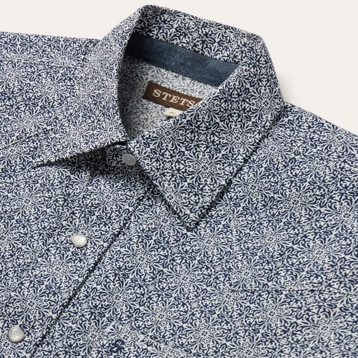 Navy Print Short Sleeve Western Shirt Blue Men Stetson Western Shirts