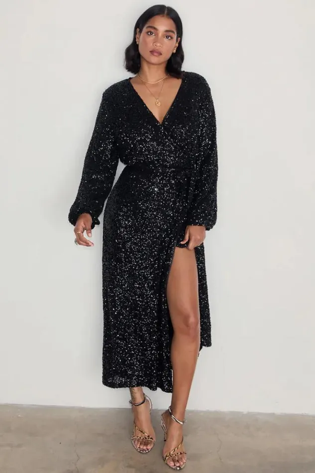 Never Fully Dressed Black Sequin Kira Wrap Dress Petite Women Petite