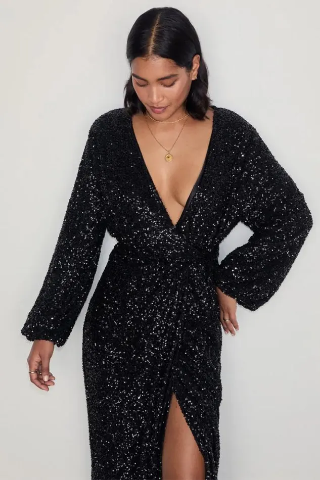 Never Fully Dressed Black Sequin Kira Wrap Dress Petite Women Petite
