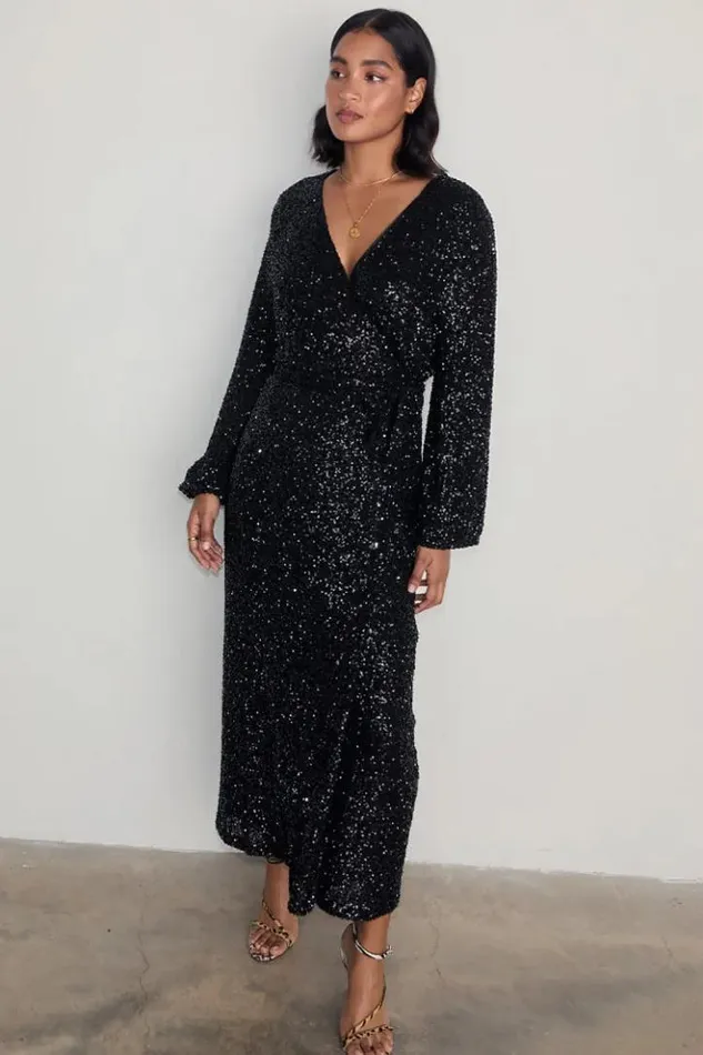 Never Fully Dressed Black Sequin Kira Wrap Dress Petite Women Petite