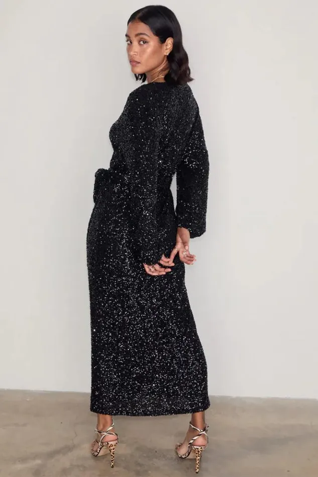 Never Fully Dressed Black Sequin Kira Wrap Dress Petite Women Petite