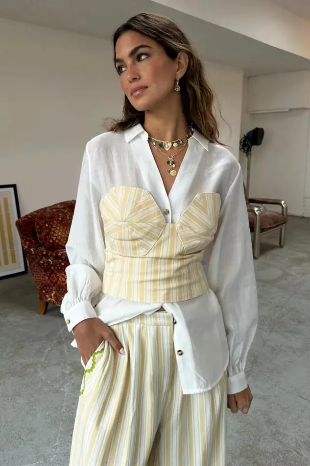 Never Fully Dressed Butter Yellow Stripe Imogen Top Women CoOrds