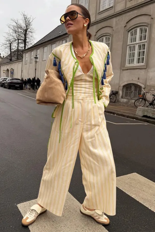 Never Fully Dressed Butter Yellow Stripe Suki Trousers Women Trousers and Shorts
