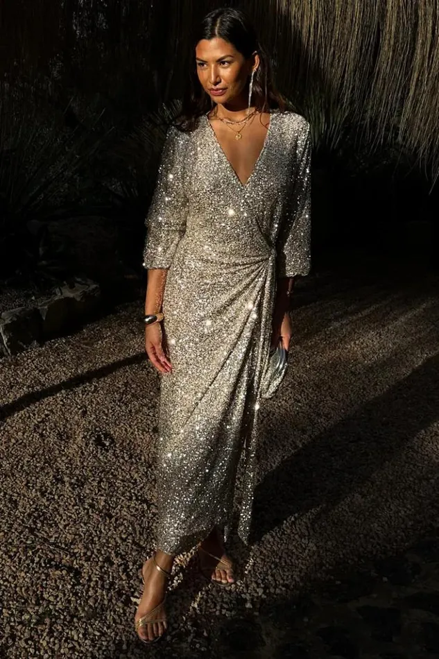 Never Fully Dressed Silver Sequin Kira Wrap Dress Petite Women Sequins