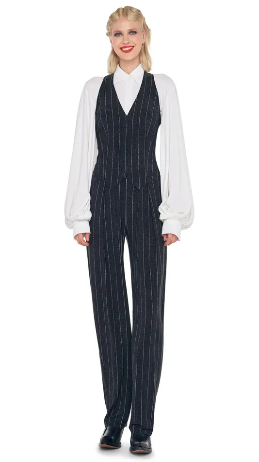 Norma Kamali Bottoms TAPERED PLEATED TROUSER Woven Pinstripe 8211 Clothing