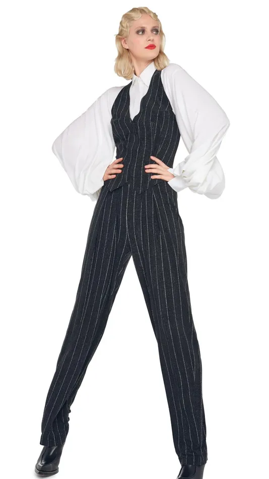 Norma Kamali Bottoms TAPERED PLEATED TROUSER Woven Pinstripe 8211 Clothing
