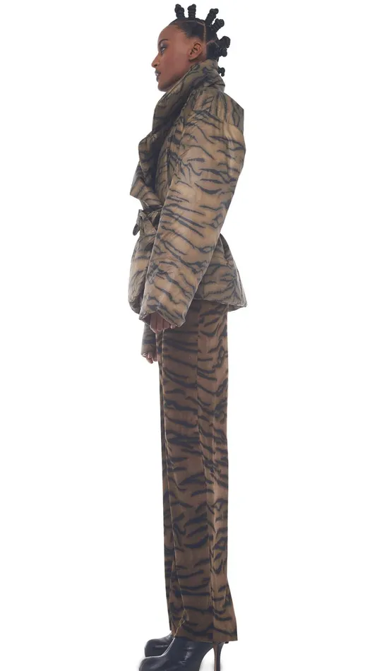Norma Kamali Coats SLEEPING BAG JACKET Brown Tiger 8211 Clothing