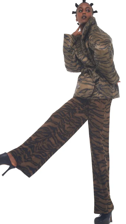 Norma Kamali Coats SLEEPING BAG JACKET Brown Tiger 8211 Clothing