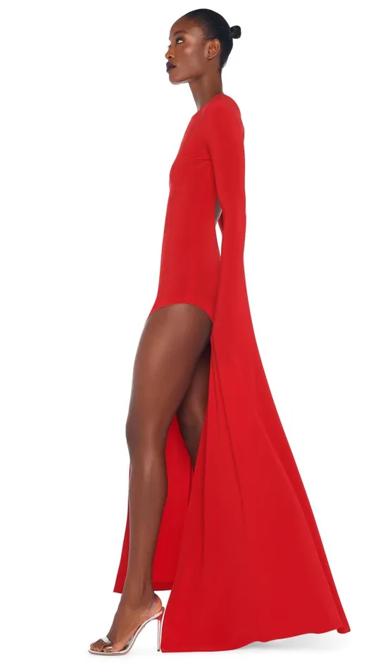 Norma Kamali Dresses RIBBON SLEEVE WIDE SLIT GOWN Tiger Red 8211 Clothing