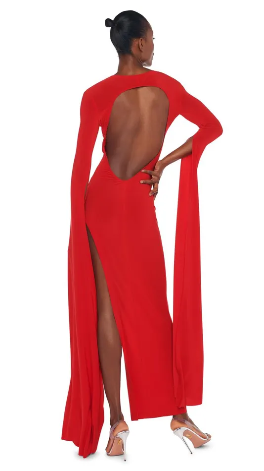 Norma Kamali Dresses RIBBON SLEEVE WIDE SLIT GOWN Tiger Red 8211 Clothing
