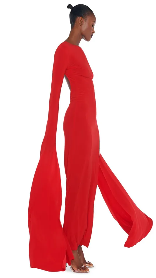 Norma Kamali Dresses RIBBON SLEEVE WIDE SLIT GOWN Tiger Red 8211 Clothing