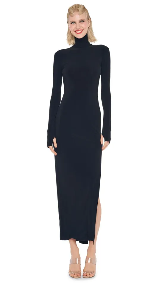 Norma Kamali Dresses TURTLENECK SIDE SLIT GOWN Black 8211 Clothing