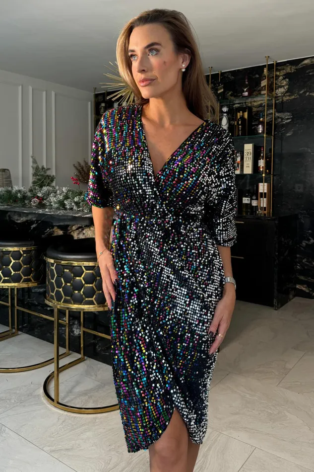 Novah Multi Sequin Wrap Detailing Midi Dress Women Girl In Mind Sequin Dresses