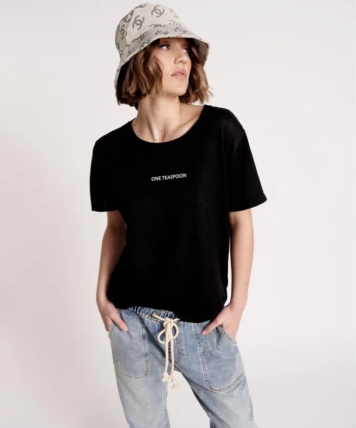ONE TEASPOON LINEN WIDE NECK TEE BLACK Women One Teaspoon Graphic Tees ONE TEASPOON LINEN WIDE NECK TEE BLACK Women One Teaspoon Graphic Tees