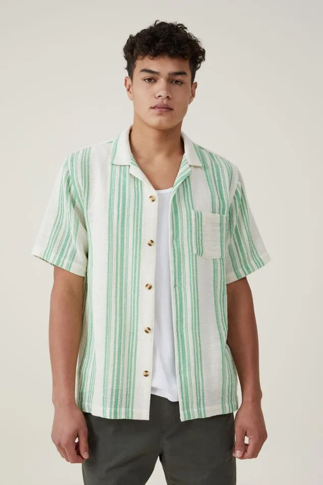 Palma Short Sleeve Shirt Bright Green Stripe Men Cotton On Shirts and Polos