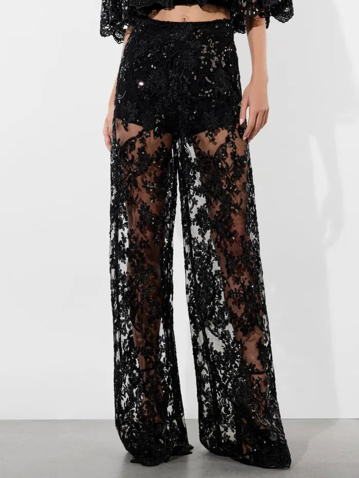 Pants Women Alice Olivia ATHENA EMBELLISHED SHEER LACE WIDE LEG PANT Black