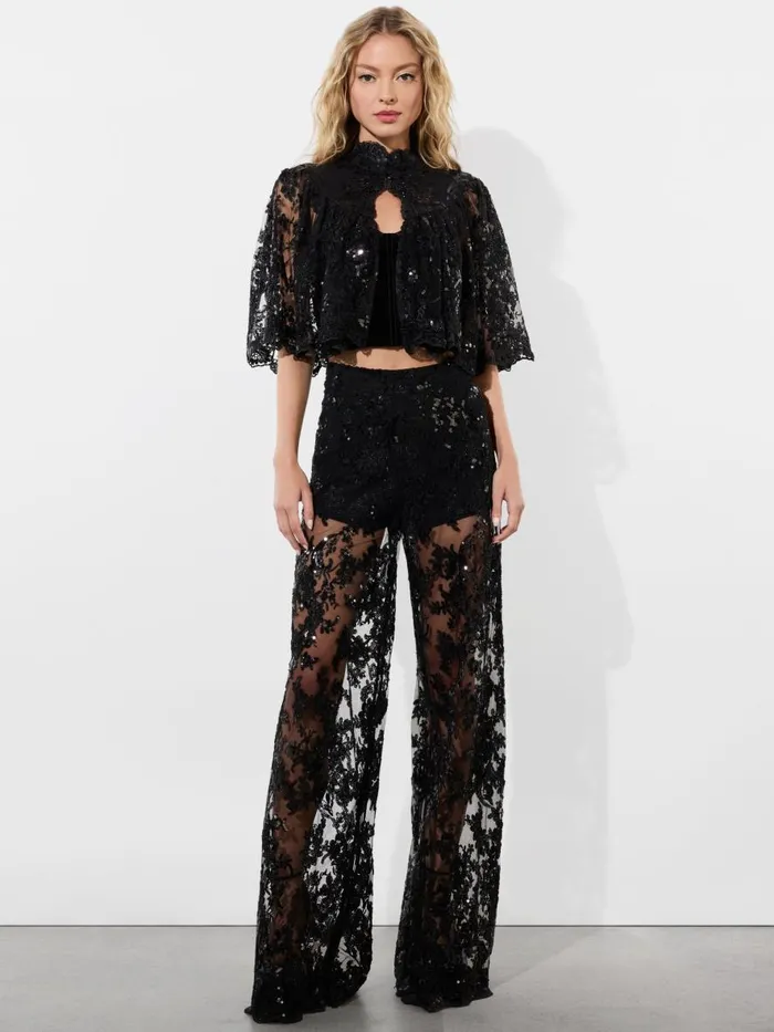 Pants Women Alice Olivia ATHENA EMBELLISHED SHEER LACE WIDE LEG PANT Black