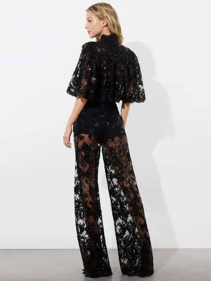 Pants Women Alice Olivia ATHENA EMBELLISHED SHEER LACE WIDE LEG PANT Black