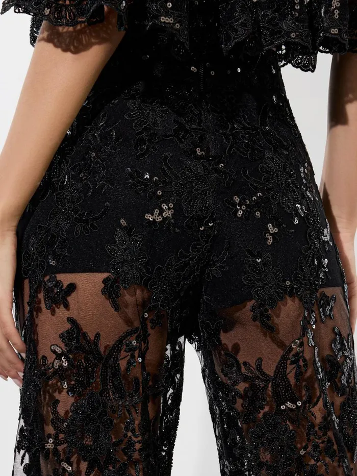 Pants Women Alice Olivia ATHENA EMBELLISHED SHEER LACE WIDE LEG PANT Black