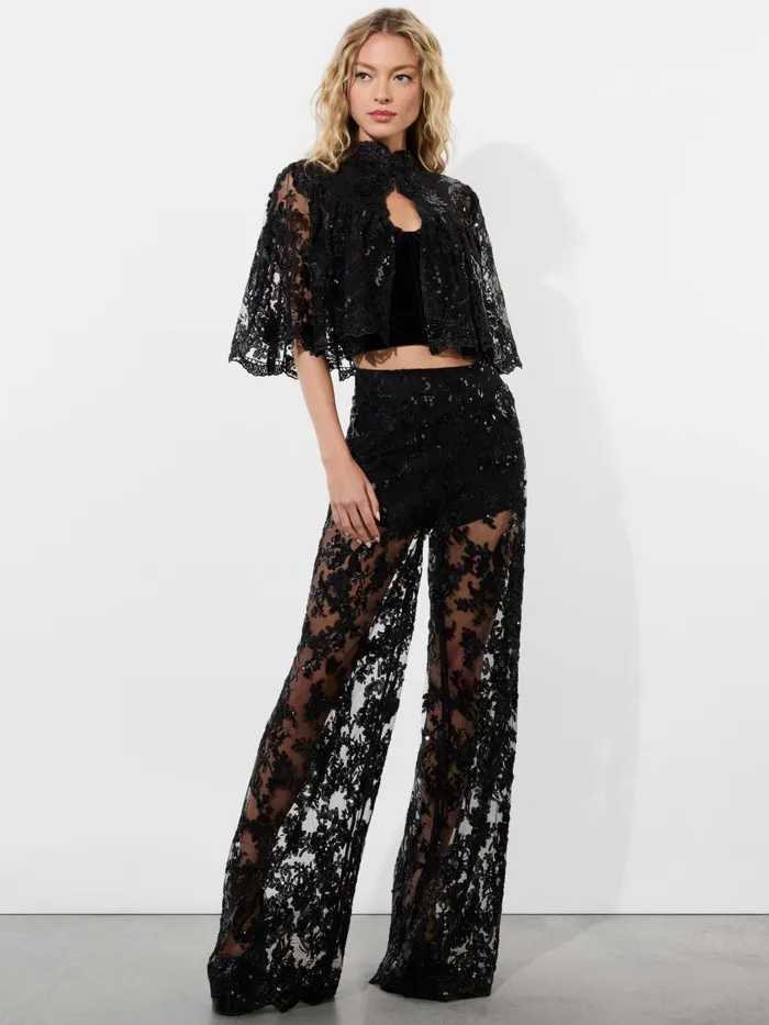 Pants Women Alice Olivia ATHENA EMBELLISHED SHEER LACE WIDE LEG PANT Black