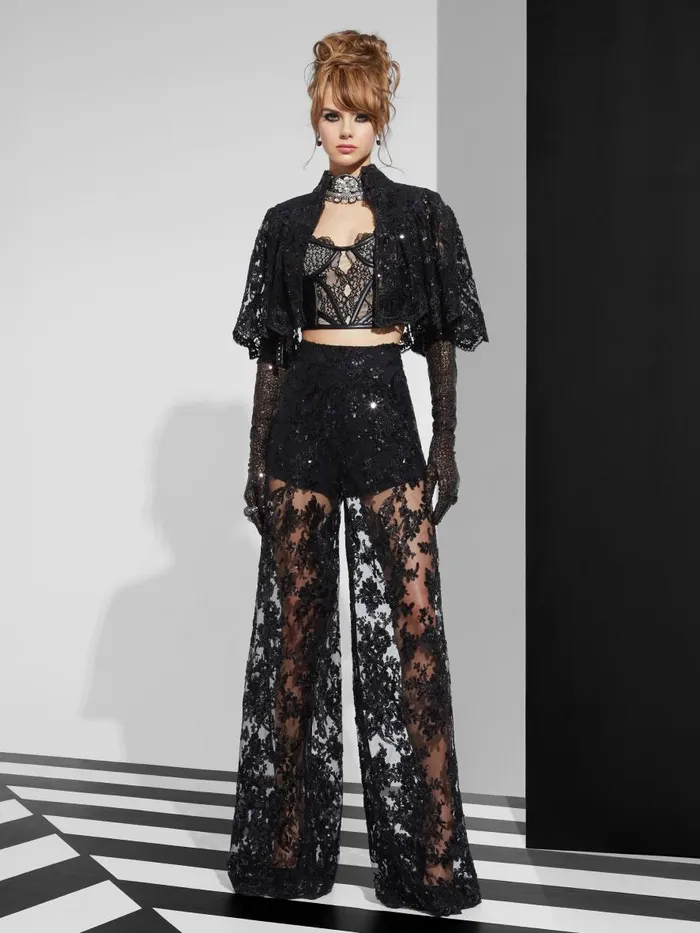 Pants Women Alice Olivia ATHENA EMBELLISHED SHEER LACE WIDE LEG PANT Black