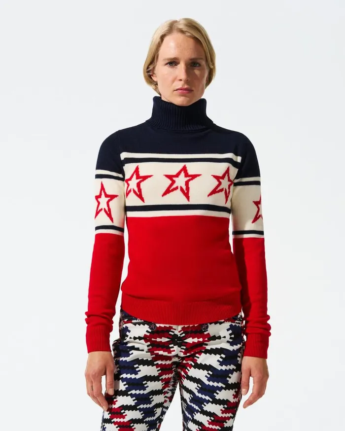 Perfect Moment Tops Chopper Merino Wool Sweater Navy White and Red 8211 Women