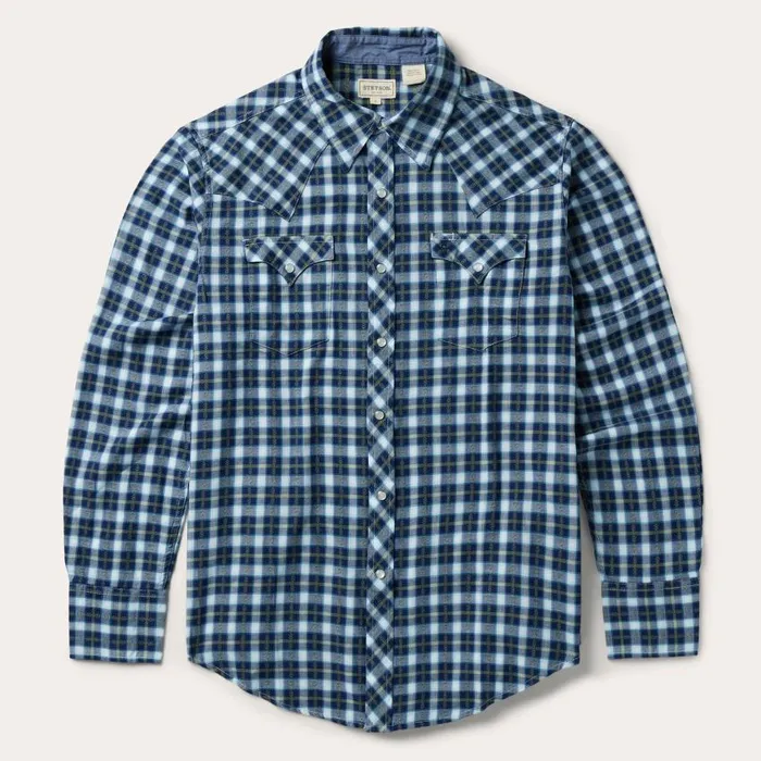 Plaid Twill Dobby Western Shirt Blue Men Stetson Western Shirts