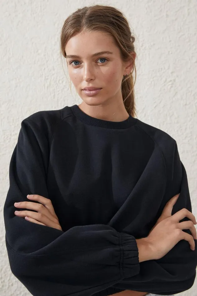 Plush Saddle Sleeve Jumper Black Women Cotton On Sweats and Hoodies