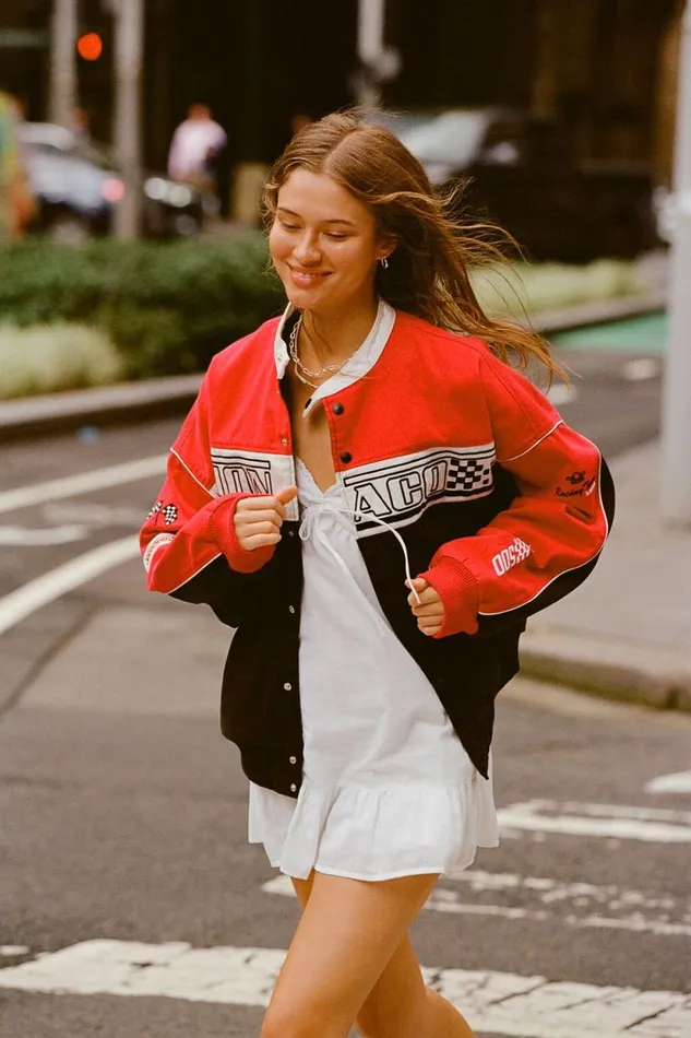 Racing Moto Jacket Speedway 500 Red Washed Black Women Cotton On Jackets
