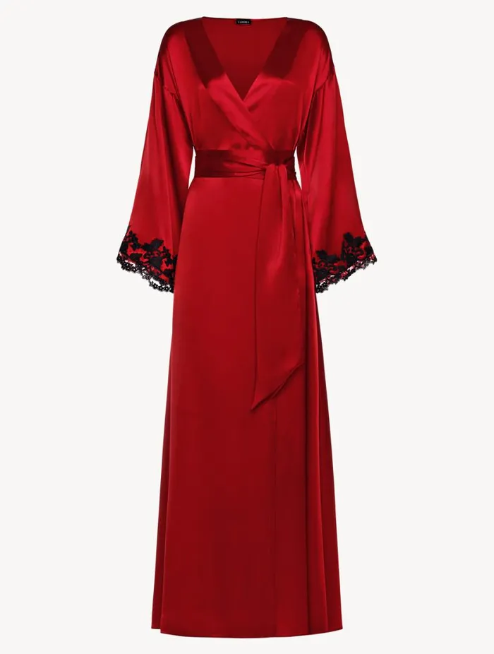 Red Long Silk Robe With Frastaglio Sleepwear La Perla Robes