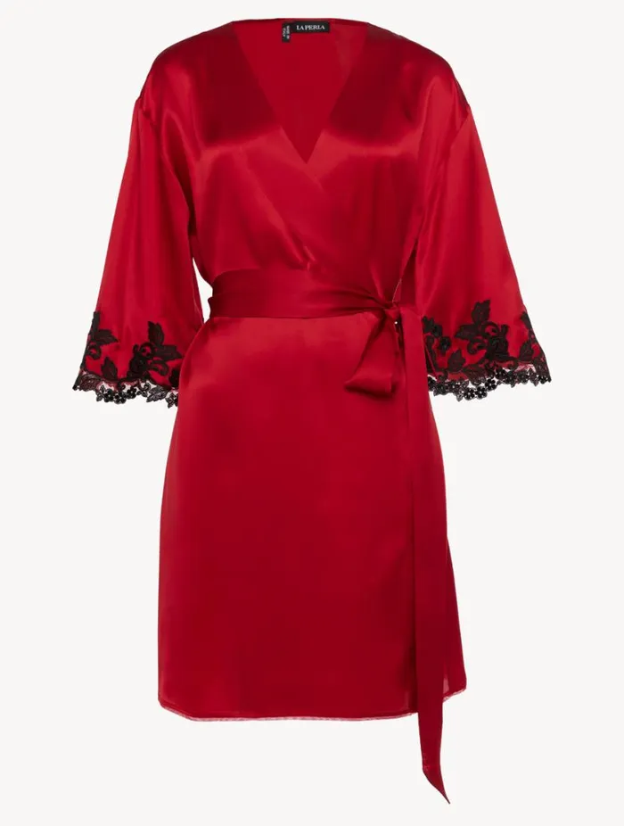 Red Silk Short Robe With Black Frastaglio Sleepwear La Perla Robes