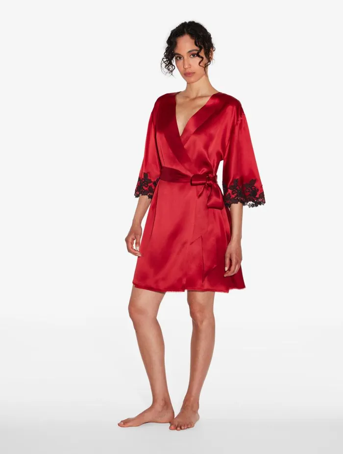 Red Silk Short Robe With Black Frastaglio Sleepwear La Perla Robes