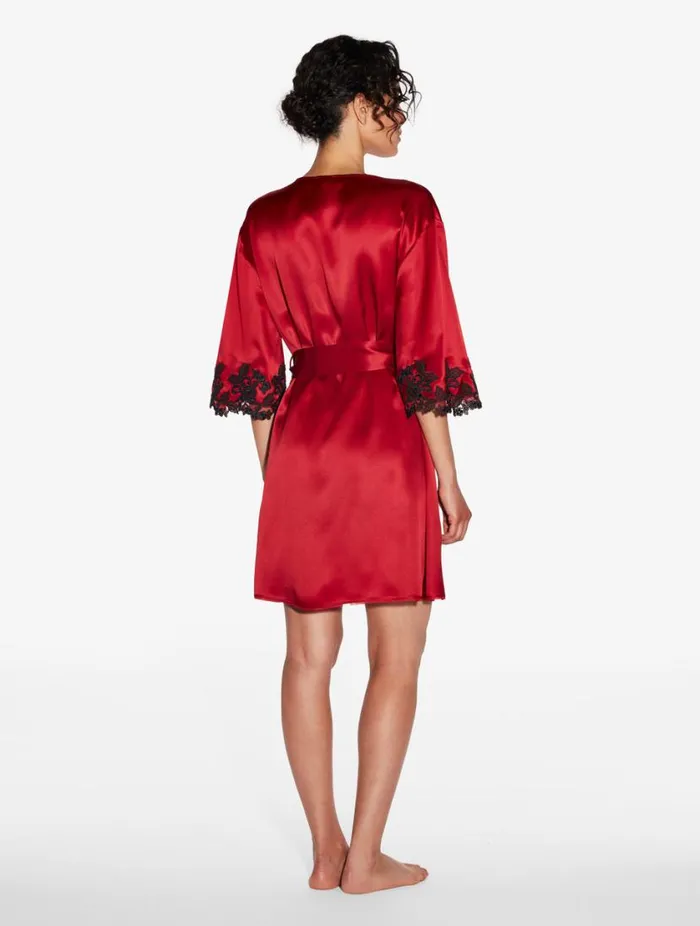 Red Silk Short Robe With Black Frastaglio Sleepwear La Perla Robes