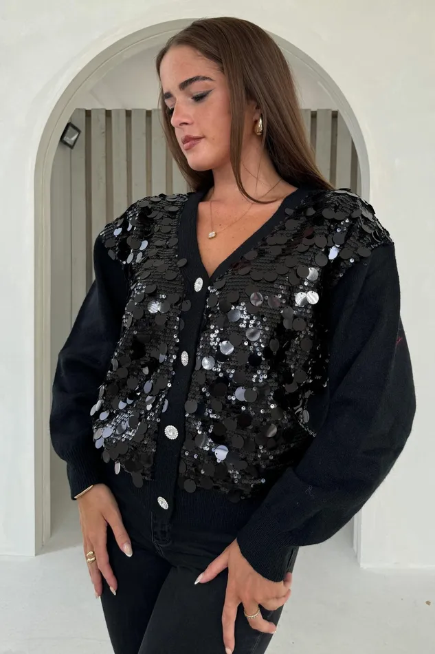 Rita Black And Silver Sequin Knit Cardigan Women Girl In Mind Knitwear Rita Black And Silver Sequin Knit Cardigan Women Girl In Mind Knitwear