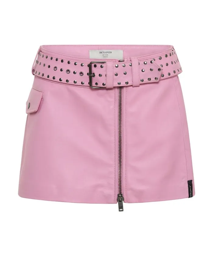 RIZZO PINK STUDDED LEATHER BELTED MINI SKIRT Women One Teaspoon Bottoms RIZZO PINK STUDDED LEATHER BELTED MINI SKIRT Women One Teaspoon Bottoms