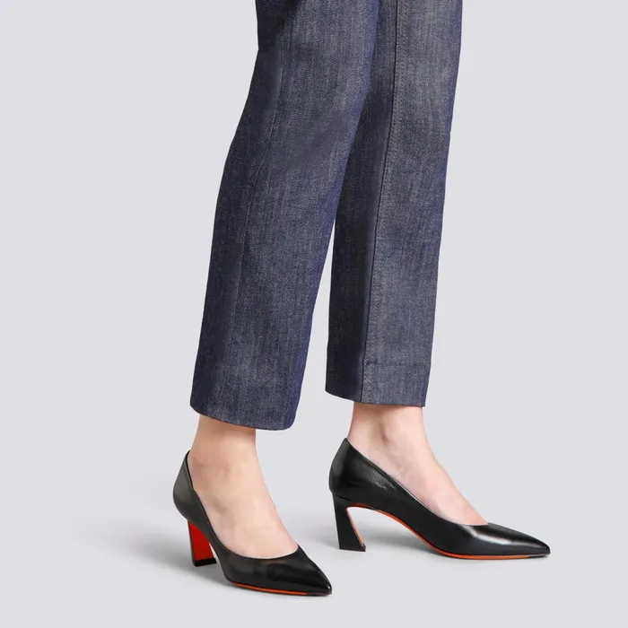Santoni Black Leather MidHeel Pump Women Pumps and Heels
