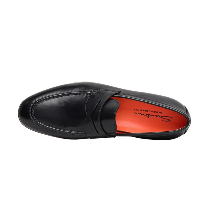 Santoni Black Leather Penny Loafer Men Loafers