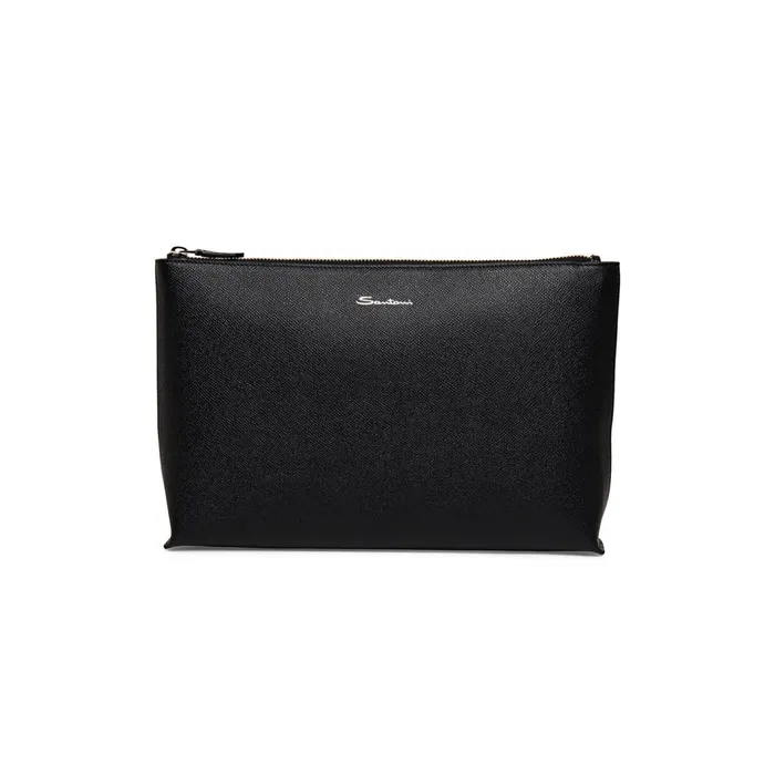 Santoni Black Saffiano Leather Pouch MenWomen Small Leather Goods