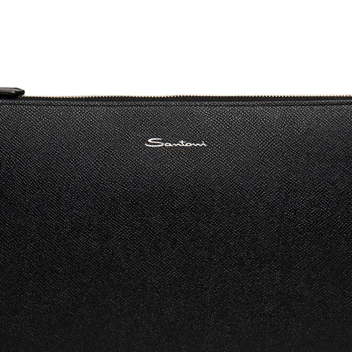 Santoni Black Saffiano Leather Pouch MenWomen Small Leather Goods