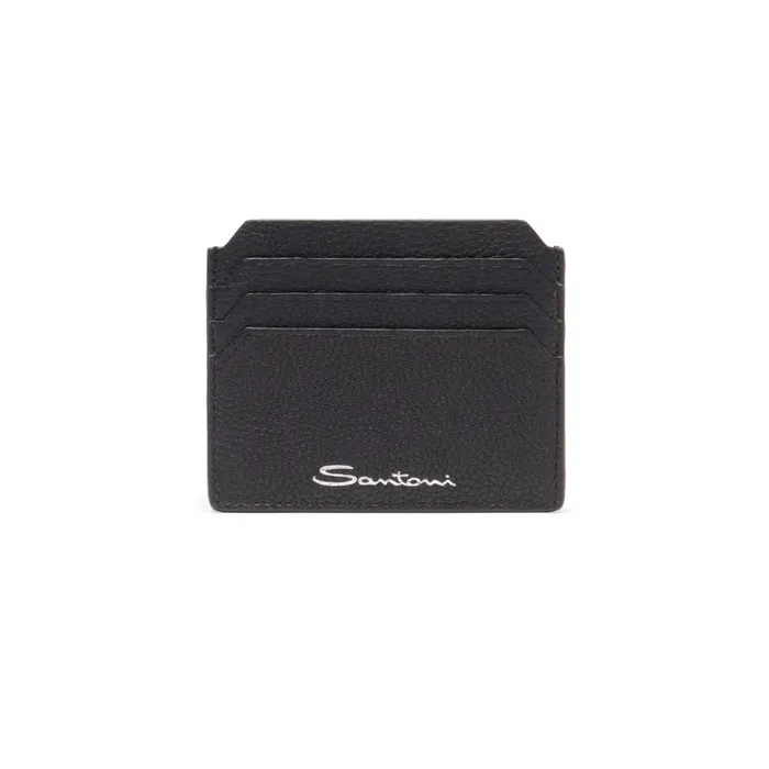 Santoni Black Tumbled Leather Credit Card Holder Men Small Leather Goods
